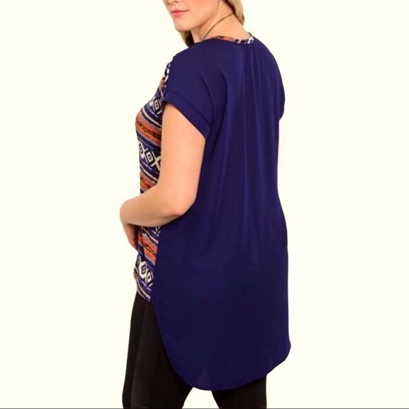 NEW Geo Blue Tribal Top Round Neck Short Sleeve Hi Low Tunic Summer Shirt - Picture 2 of 4